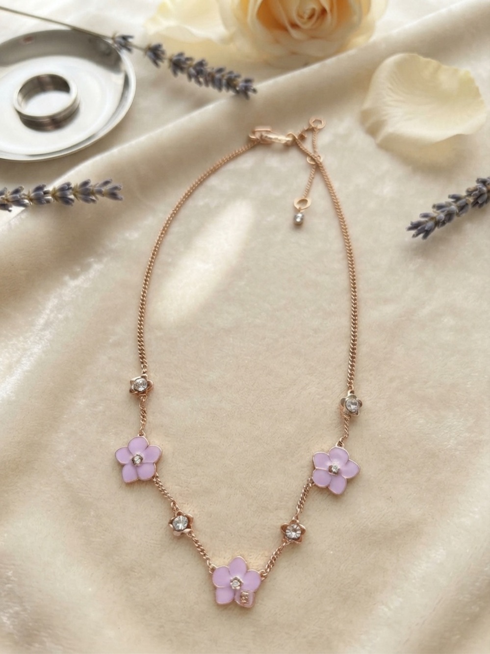 New Lightweight Everyday Feminine Gold Necklace with Stones and Lavender Accents